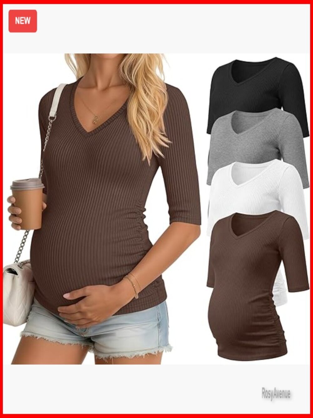 4 Pack Maternity T-Shirts Cotton Ribbed V-Neck Half Sleeve Slim Fit Tops